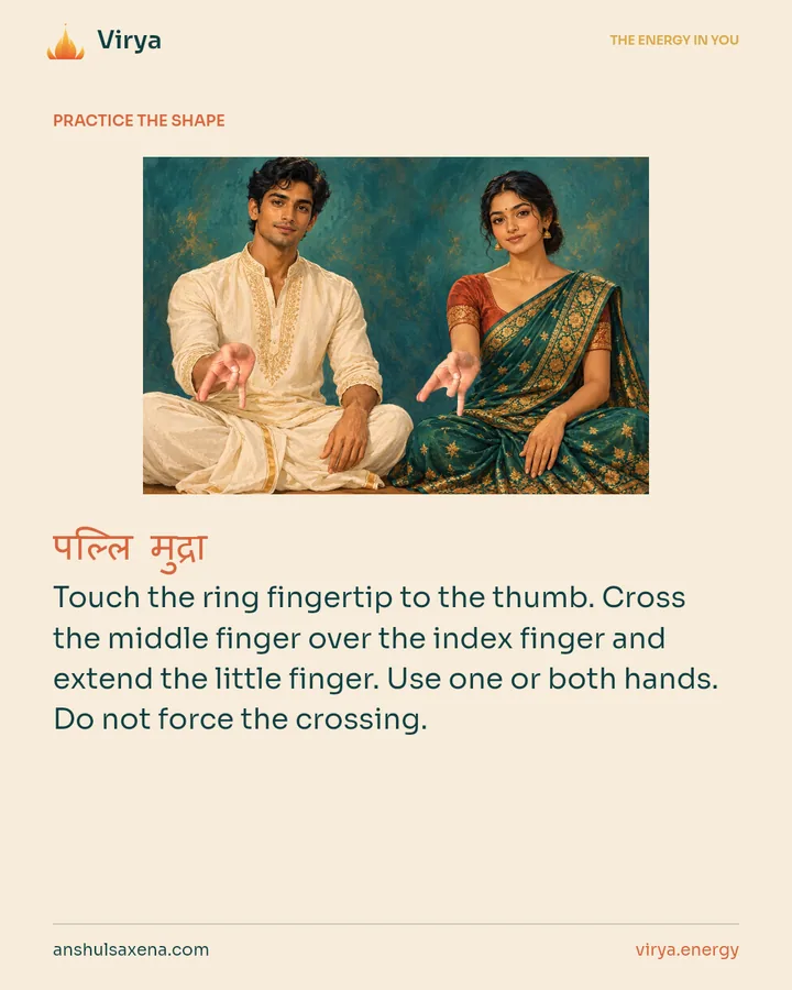 HOW TO PRACTICE. Touch the ring fingertip to the thumb. Cross the middle finger over the index finger and extend the little finger. Use one or both hands. Do not force the crossing.