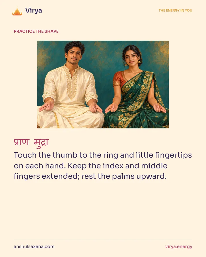HOW TO PRACTICE. Touch the thumb to the ring and little fingertips on each hand. Keep the index and middle fingers extended; rest the palms upward.