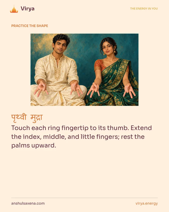 HOW TO PRACTICE. Touch each ring fingertip to its thumb. Extend the index, middle, and little fingers; rest the palms upward.
