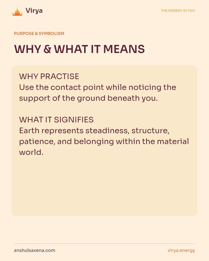 WHY & WHAT IT MEANS. WHY PRACTICE Use the contact point while noticing the support of the ground beneath you. WHAT IT SIGNIFIES Earth represents steadiness, structure, patience, and belonging within the material world.