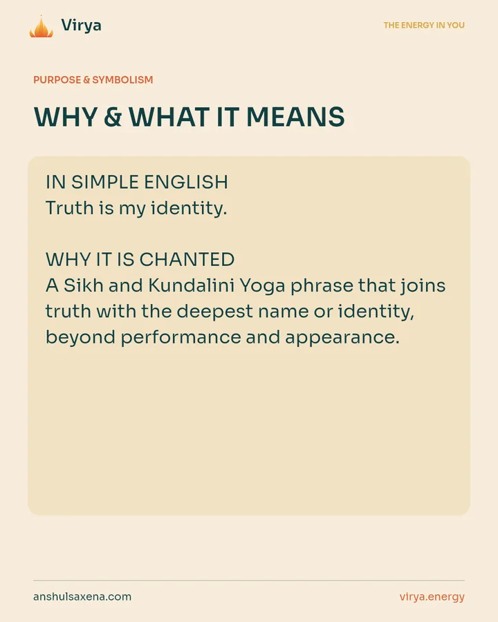 WHY & WHAT IT MEANS. IN SIMPLE ENGLISH Truth is my identity. WHY IT IS CHANTED A Sikh and Kundalini Yoga phrase that joins truth with the deepest name or identity, beyond performance and appearance.