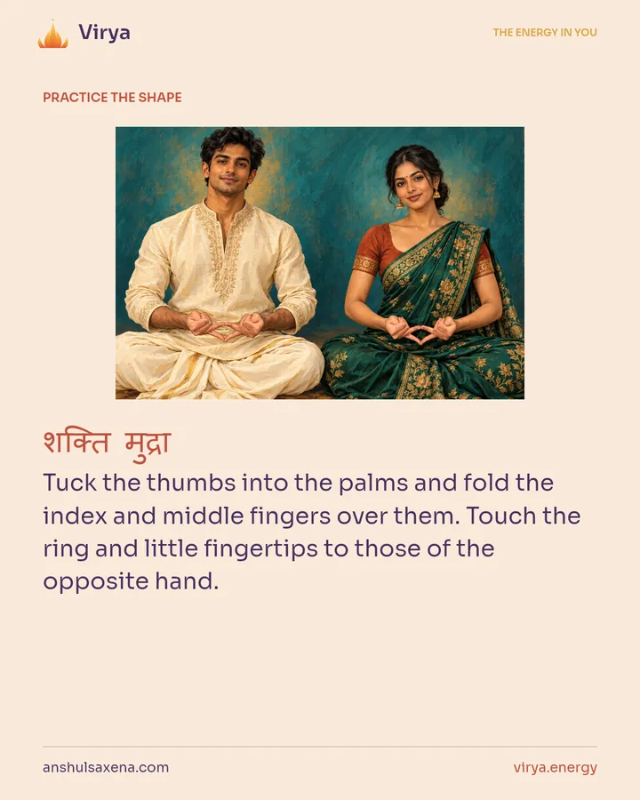 HOW TO PRACTICE. Tuck the thumbs into the palms and fold the index and middle fingers over them. Touch the ring and little fingertips to those of the opposite hand.