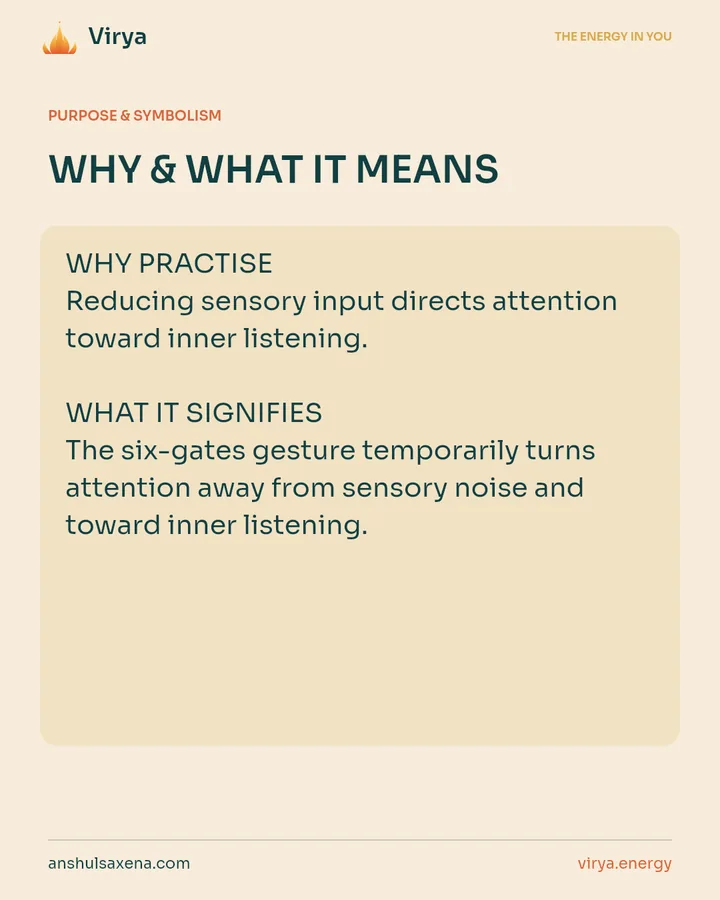 WHY & WHAT IT MEANS. WHY PRACTICE Reducing sensory input directs attention toward inner listening. WHAT IT SIGNIFIES The six-gates gesture temporarily turns attention away from sensory noise and toward inner listening.