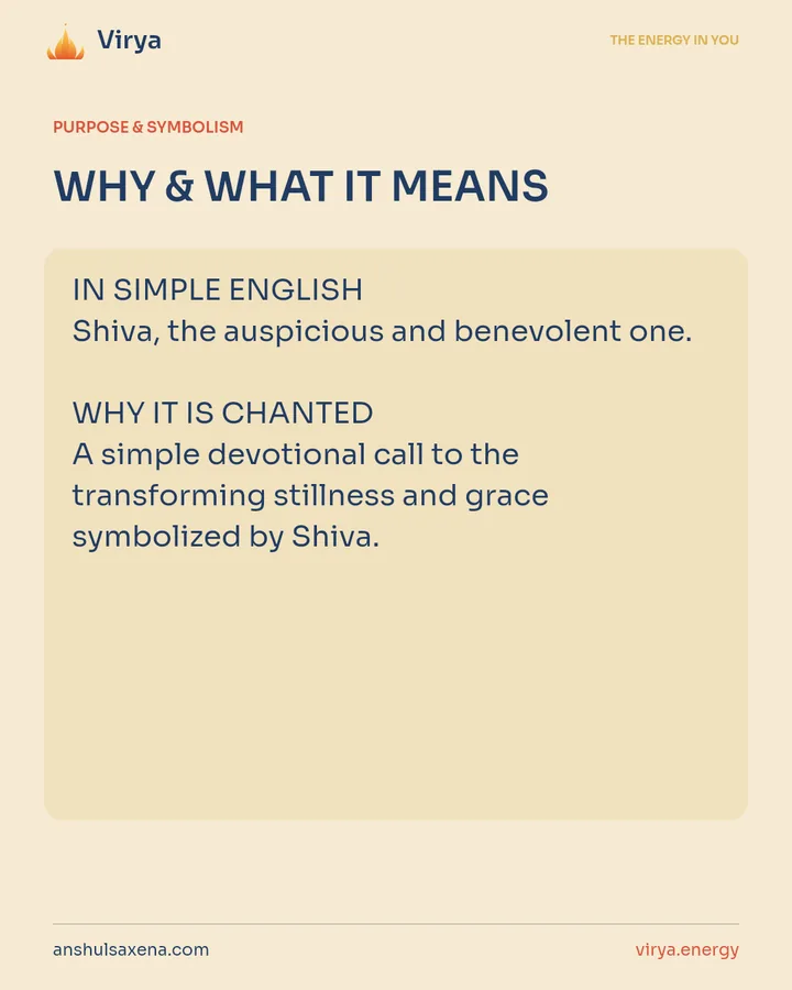 WHY & WHAT IT MEANS. IN SIMPLE ENGLISH Shiva, the auspicious and benevolent one. WHY IT IS CHANTED A simple devotional call to the transforming stillness and grace symbolized by Shiva.