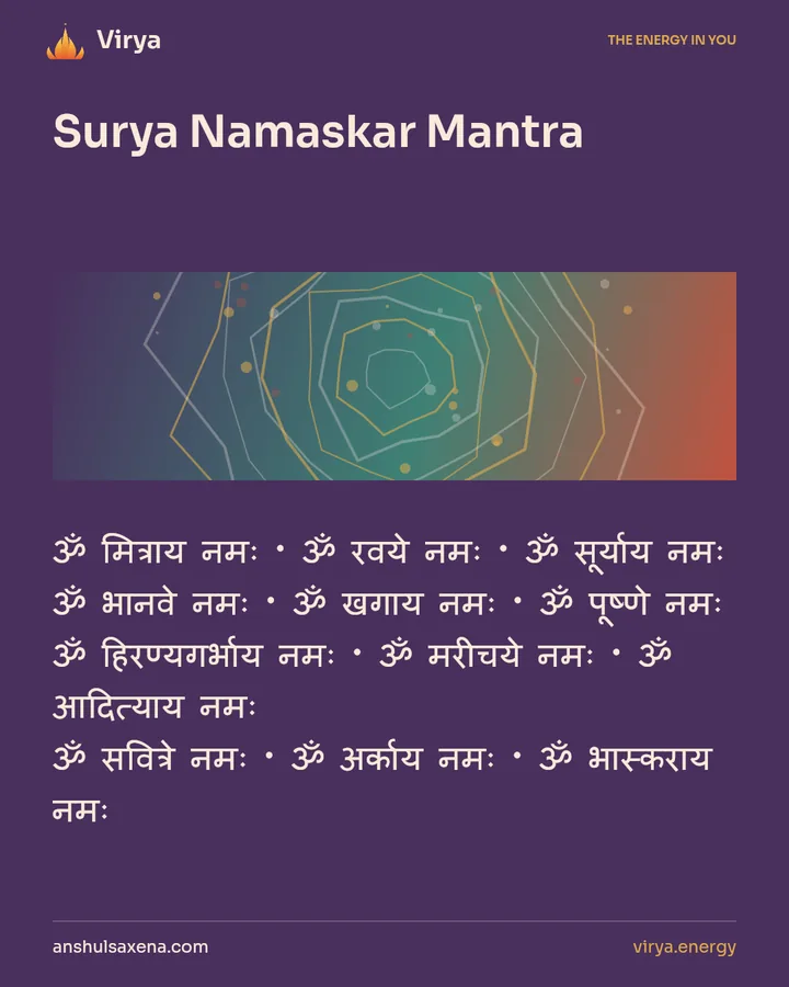 Surya Namaskar Mantra. ॐ मित्राय नमः · ॐ रवये नमः · ॐ सूर्याय नमः ॐ भानवे नमः · ॐ खगाय नमः · ॐ पूष्णे नमः ॐ हिरण्यगर्भाय नमः · ॐ मरीचये नमः · ॐ आदित्याय नमः ॐ सवित्रे नमः · ॐ अर्काय नमः · ॐ भास्कराय नमः.
