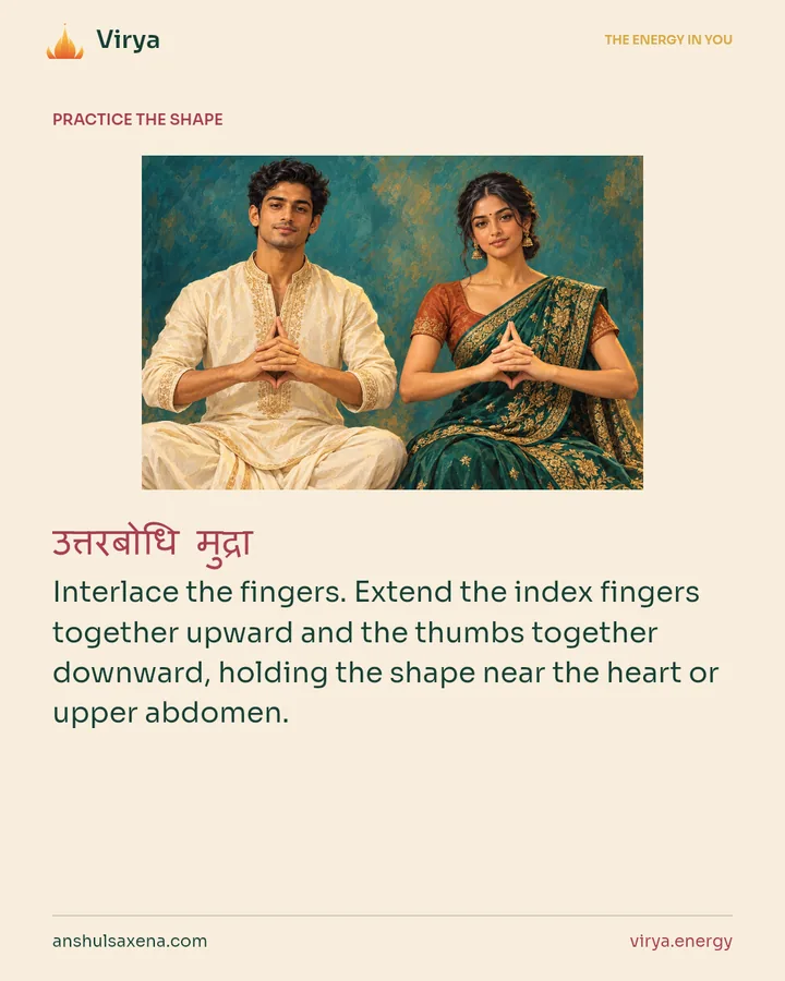 HOW TO PRACTICE. Interlace the fingers. Extend the index fingers together upward and the thumbs together downward, holding the shape near the heart or upper abdomen.