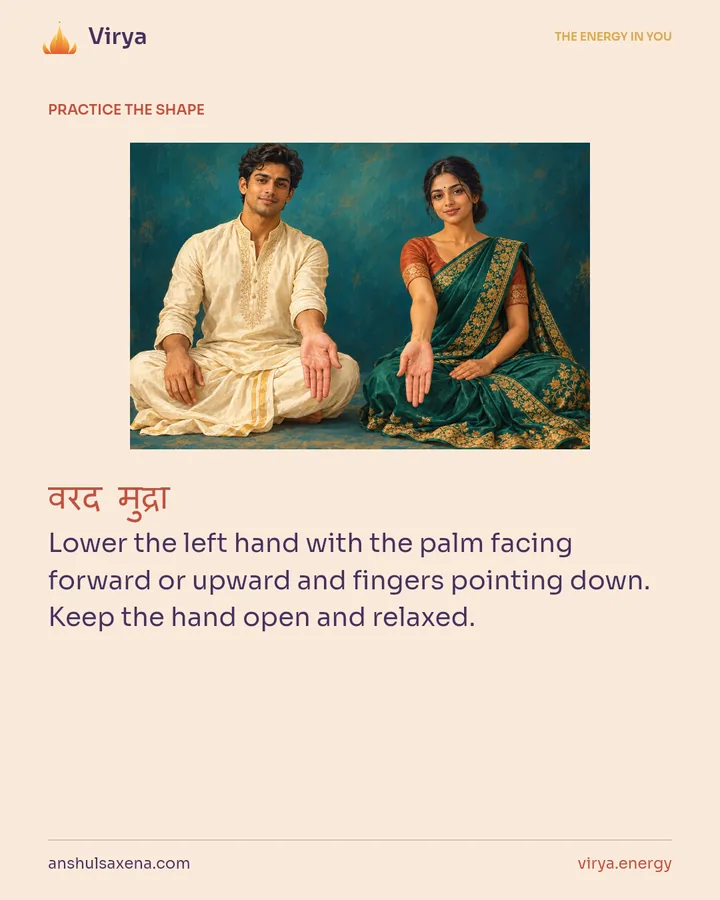 HOW TO PRACTICE. Lower the left hand with the palm facing forward or upward and fingers pointing down. Keep the hand open and relaxed.