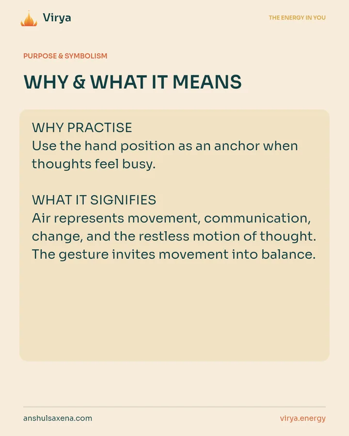 WHY & WHAT IT MEANS. WHY PRACTICE Use the hand position as an anchor when thoughts feel busy. WHAT IT SIGNIFIES Air represents movement, communication, change, and the restless motion of thought. The gesture invites movement into balance.