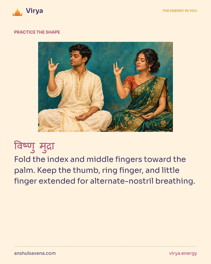HOW TO PRACTICE. Fold the index and middle fingers toward the palm. Keep the thumb, ring finger, and little finger extended for alternate-nostril breathing.