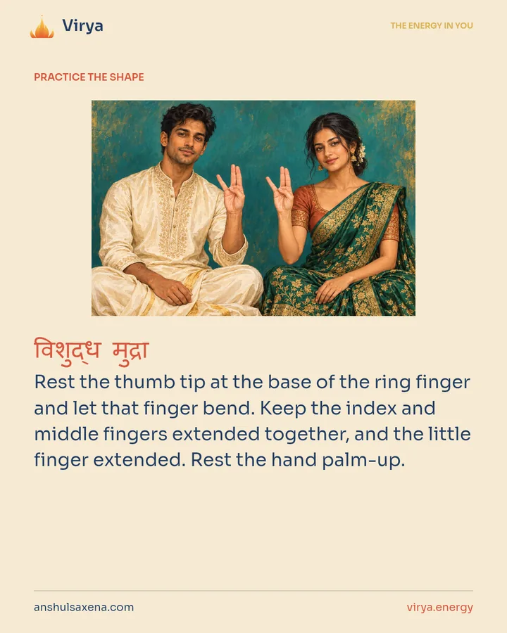 HOW TO PRACTICE. Rest the thumb tip at the base of the ring finger and let that finger bend. Keep the index and middle fingers extended together, and the little finger extended. Rest the hand palm-up.
