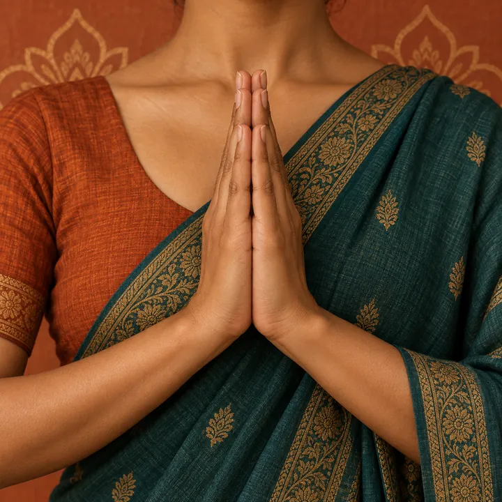 Hands joined in Anjali mudra, the gesture of greeting and offering, against a saffron and teal sari.