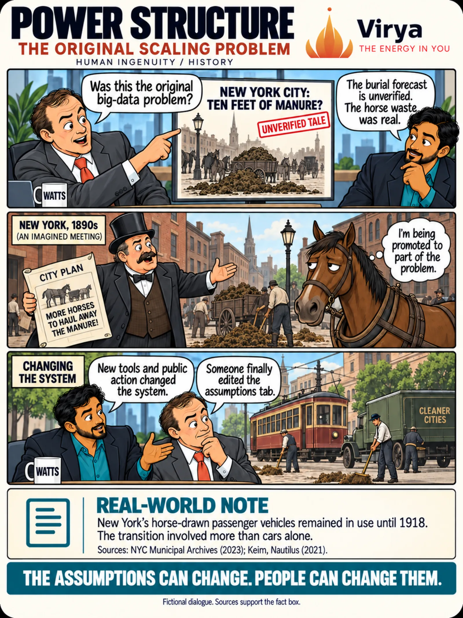 Two colleagues look at an "Unverified Tale" that 1890s New York would be buried in ten feet of manure. In an imagined meeting, an official proposes "More horses to haul away the manure!" while a horse thinks "I'm being promoted to part of the problem." Then streetcars and sanitation crews appear: "New tools and public action changed the system."