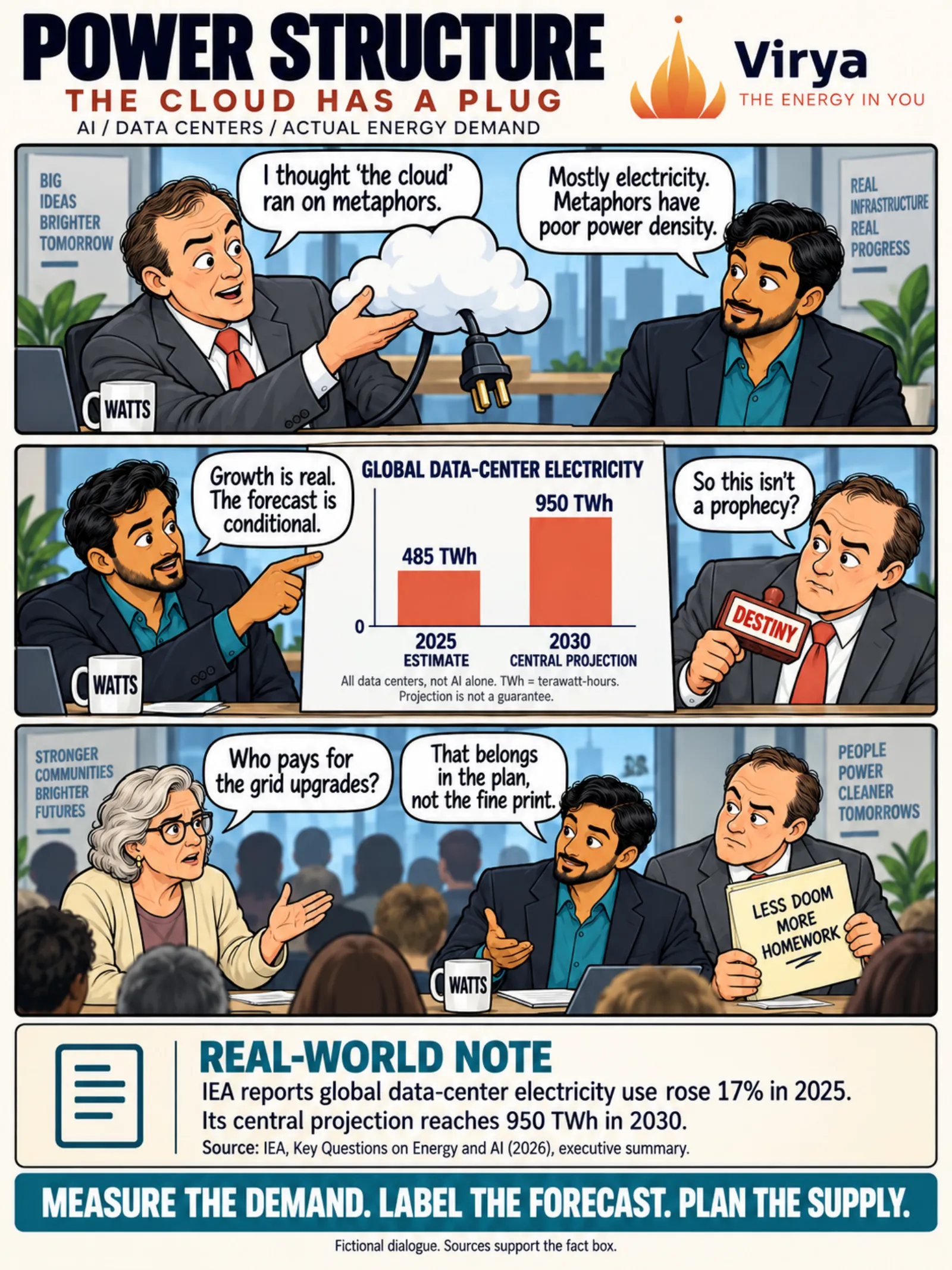 A manager holds a plugged-in cloud: "I thought 'the cloud' ran on metaphors." An engineer replies "Mostly electricity," then shows data-center use of 485 TWh in 2025 and a projected 950 TWh in 2030: "The forecast is conditional." At a public meeting a resident asks who pays for grid upgrades: "That belongs in the plan, not the fine print."
